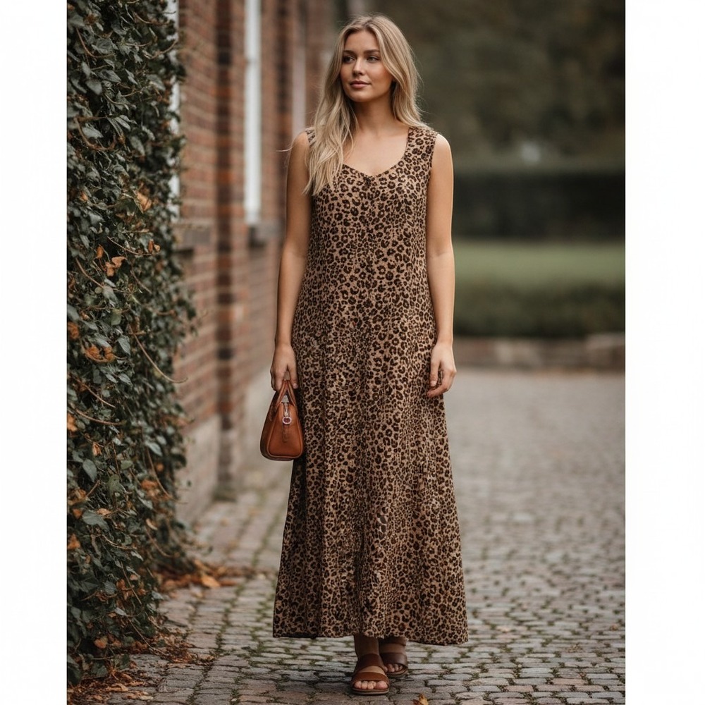 BETSY'S THINGS Dress Womens 12 Brown Animal Print Sleeveless Button Front Maxi